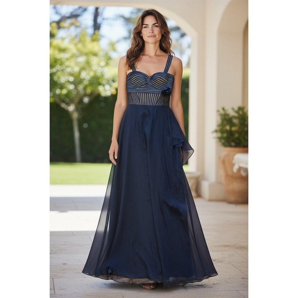 JS Collections Dress Women prom 14 Navy Blue Maxi Rosette Formal chiffon overlay